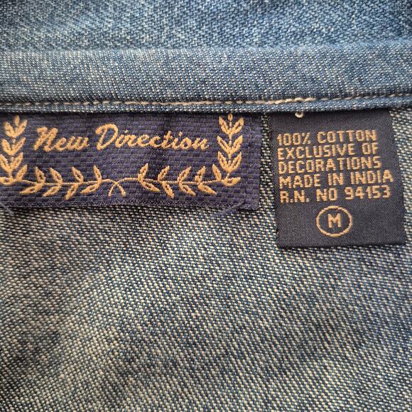 New Directions Blue Brown Denim Patchwork Fall Theme Embellishes Shirt Shacket M - Picture 3 of 3